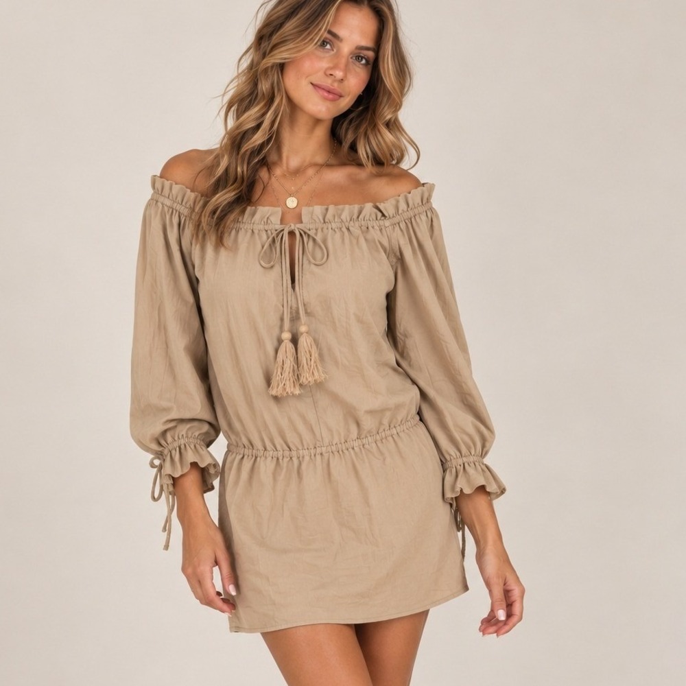 Tularosa Womens Dress Peasant Tassel Tie Off Shoulder Boho Western Tan XS